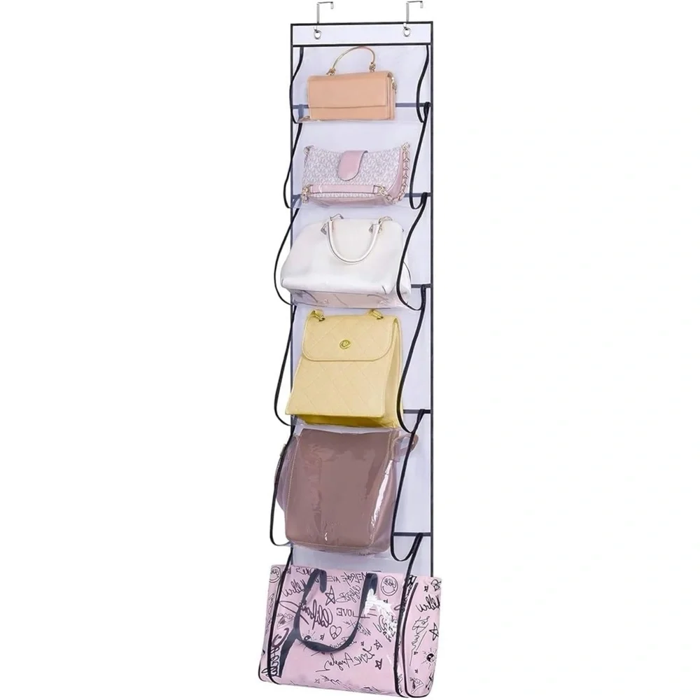 MISSLO 6 Clear Pockets Over Door Organizer for Handbags,Caps,Accessories (White)